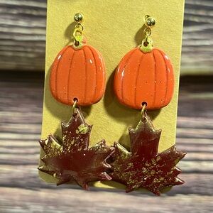 Orange Pumpkin and Brown Leaf Earrings